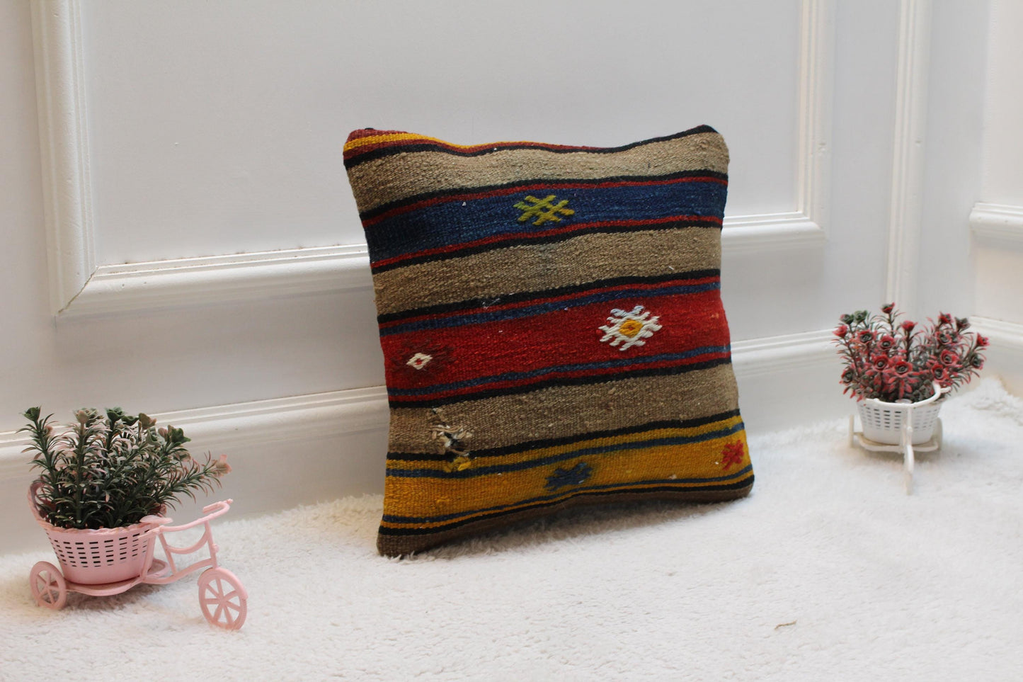 Handmade Striped Kilim Pillow Cover: Organic Wool Throw Pillow, 16x16 inch