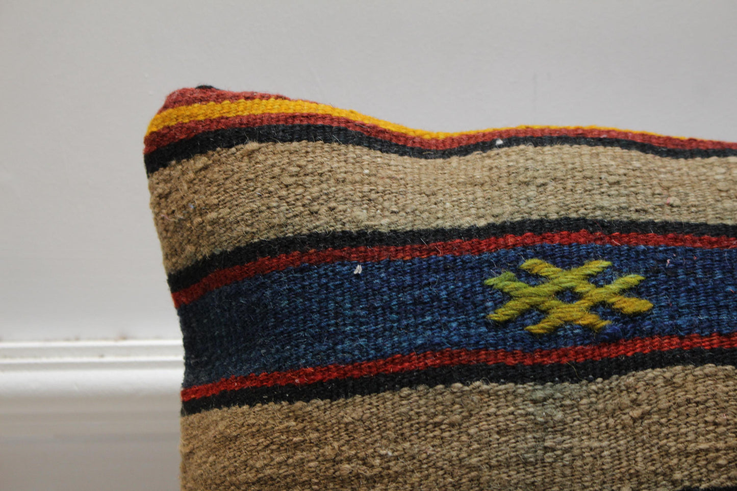 Handmade Striped Kilim Pillow Cover: Organic Wool Throw Pillow, 16x16 inch