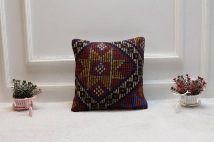 Geometric Kilim Pillow Cover: 16x16 Square, Upcycled Wool