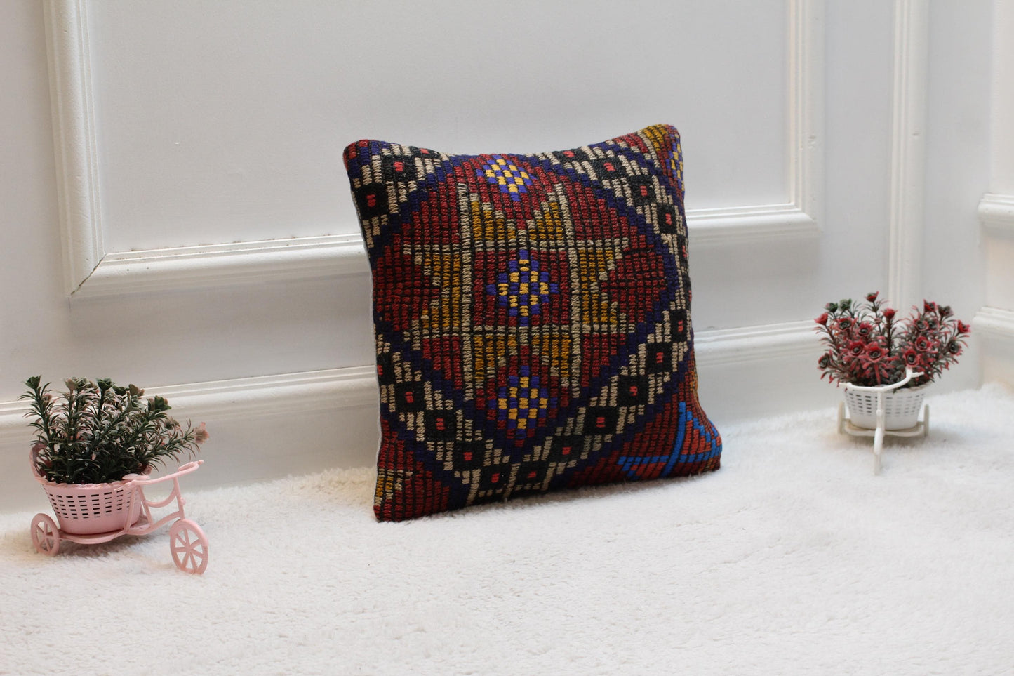 Geometric Kilim Pillow Cover: 16x16 Square, Upcycled Wool