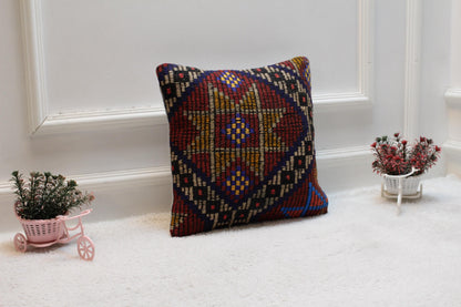 Geometric Kilim Pillow Cover: 16x16 Square, Upcycled Wool