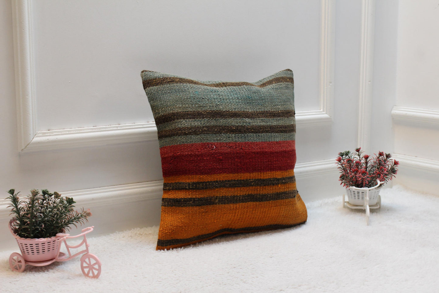 Rainbow Striped Kilim Pillow Cover: Organic Wool, Handmade 16x16 inch