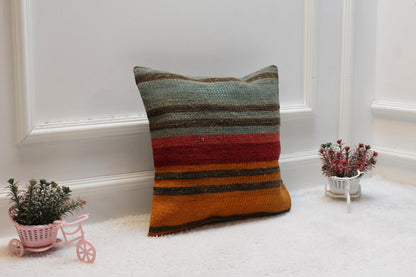 Rainbow Striped Kilim Pillow Cover: Organic Wool, Handmade 16x16 inch