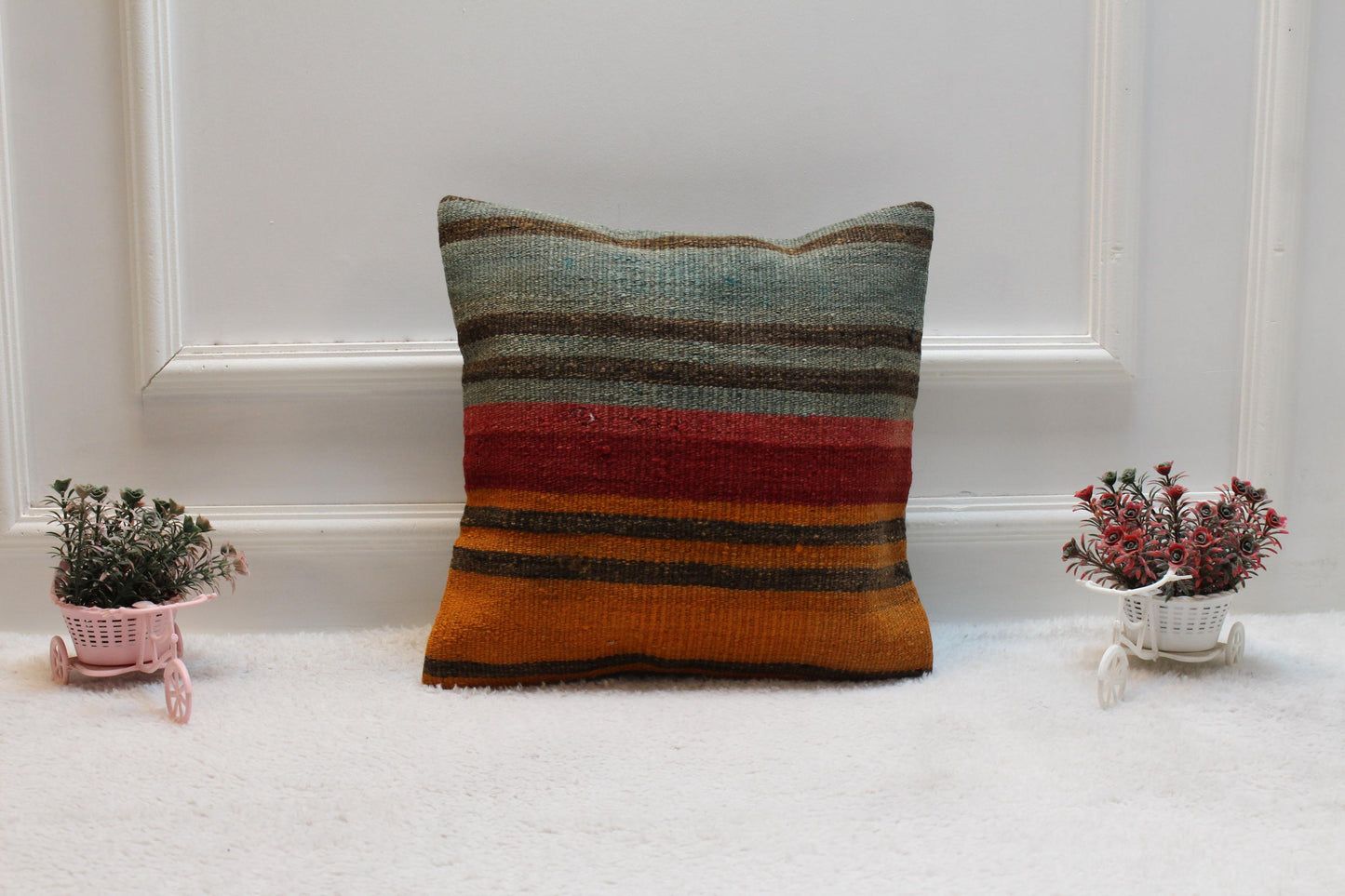 Rainbow Striped Kilim Pillow Cover: Organic Wool, Handmade 16x16 inch