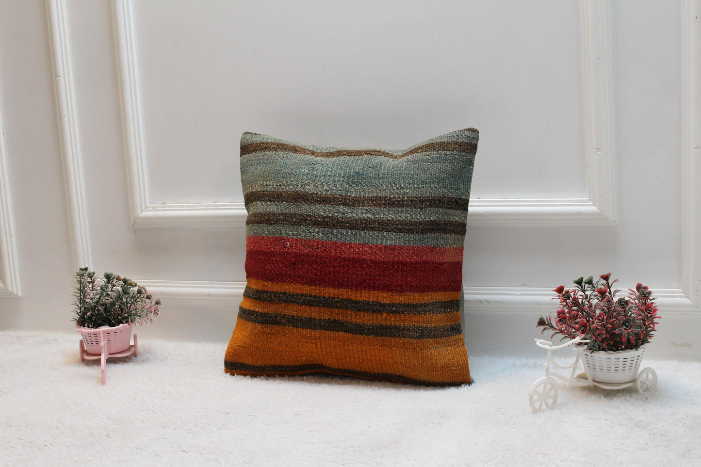 Rainbow Striped Kilim Pillow Cover: Organic Wool, Handmade 16x16 inch