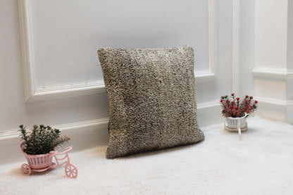 Handmade Gray Kilim Pillow Cover: Upcycled Woven Wool, 16x16 inch