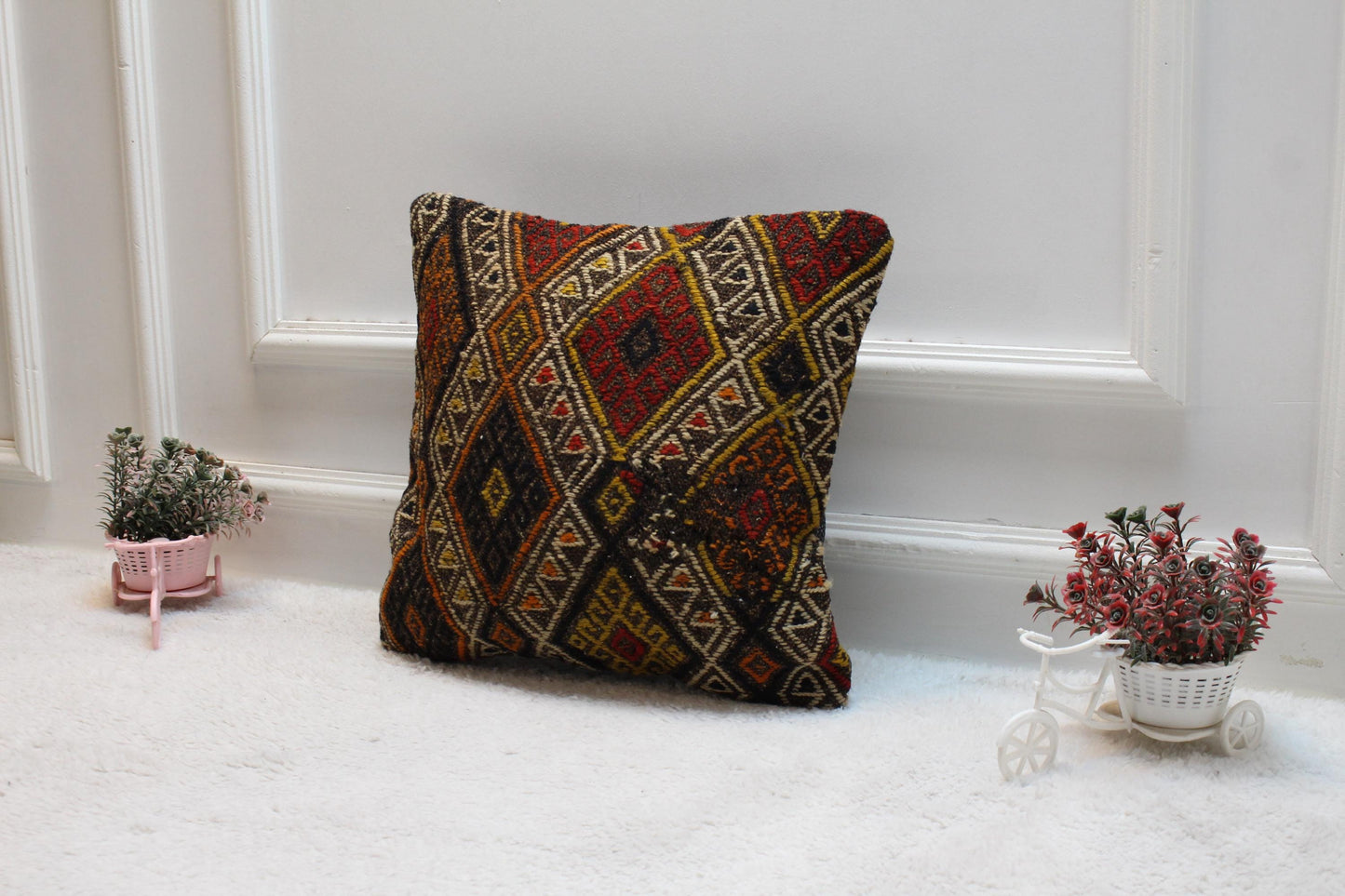 Vintage Kilim Pillow Cover: Rainbow Geometric Design, Handmade Wool (16x16 inch)
