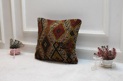 Vintage Kilim Pillow Cover: Rainbow Geometric Design, Handmade Wool (16x16 inch)