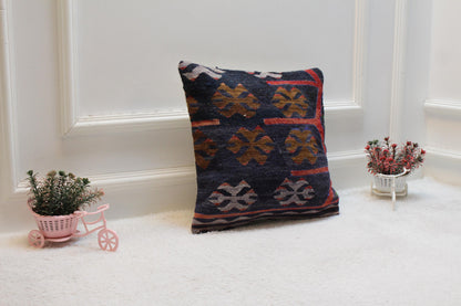 Black Kilim Pillow Cover: 16x16 Organic Wool, Vintage Turkish Cushion