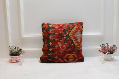 Handmade Kilim Pillow Cover: Organic Wool, Vintage Rug (16x16 in)