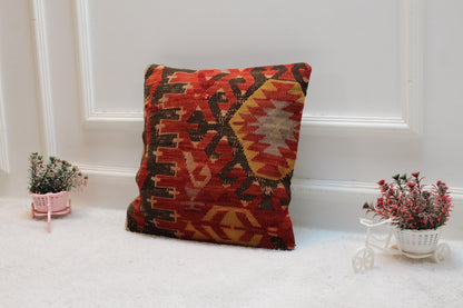 Handmade Kilim Pillow Cover: Organic Wool, Vintage Rug (16x16 in)
