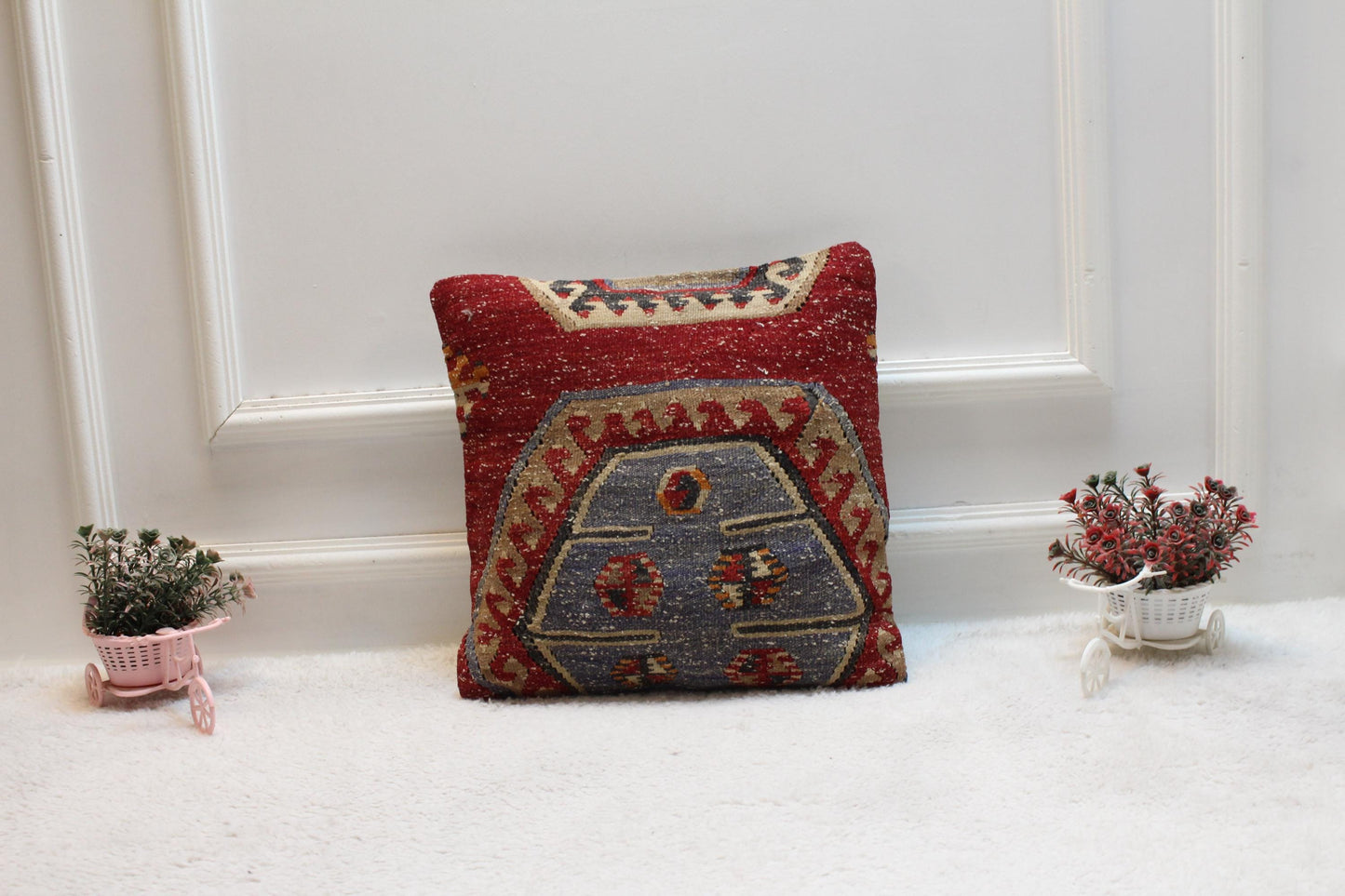 Handmade Kilim Pillow Cover: Ethnic Woven Rug, 16x16 inch