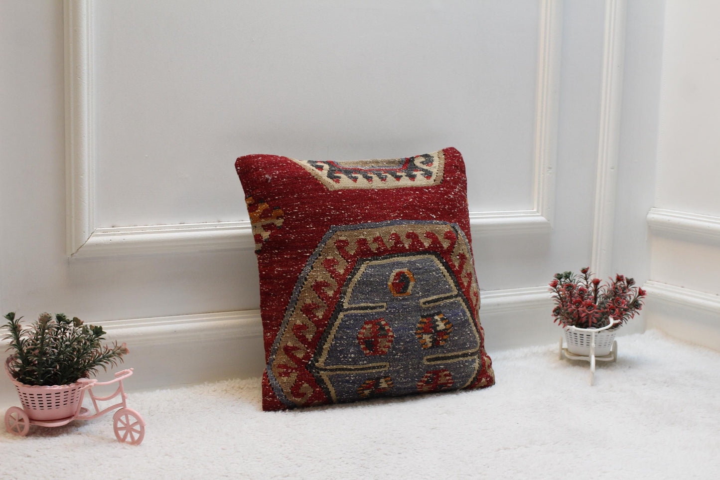 Handmade Kilim Pillow Cover: Ethnic Woven Rug, 16x16 inch