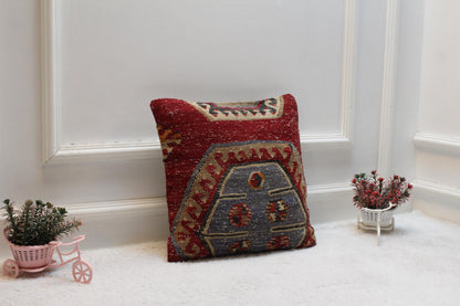 Handmade Kilim Pillow Cover: Ethnic Woven Rug, 16x16 inch