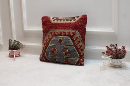 Handmade Kilim Pillow Cover: Ethnic Woven Rug, 16x16 inch