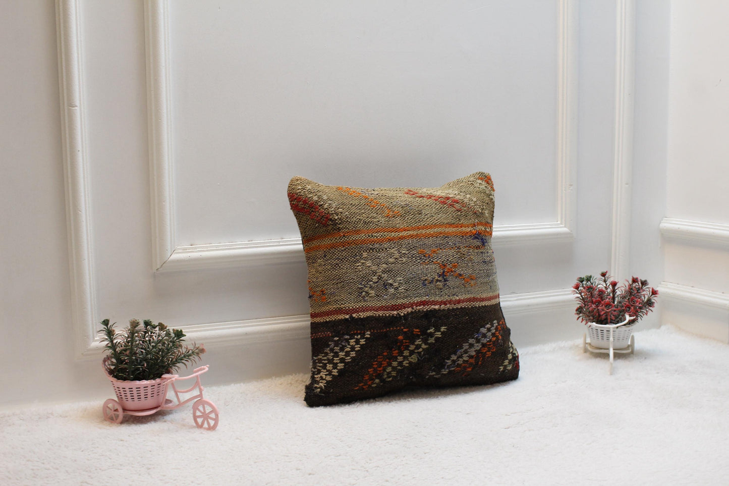 Handmade Kilim Pillow Cover: 16x16 Square, Organic Wool Throw Pillow