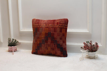 Geometric Kilim Pillow Cover: Handmade Upcycled Woven Rug, 16x16 inch