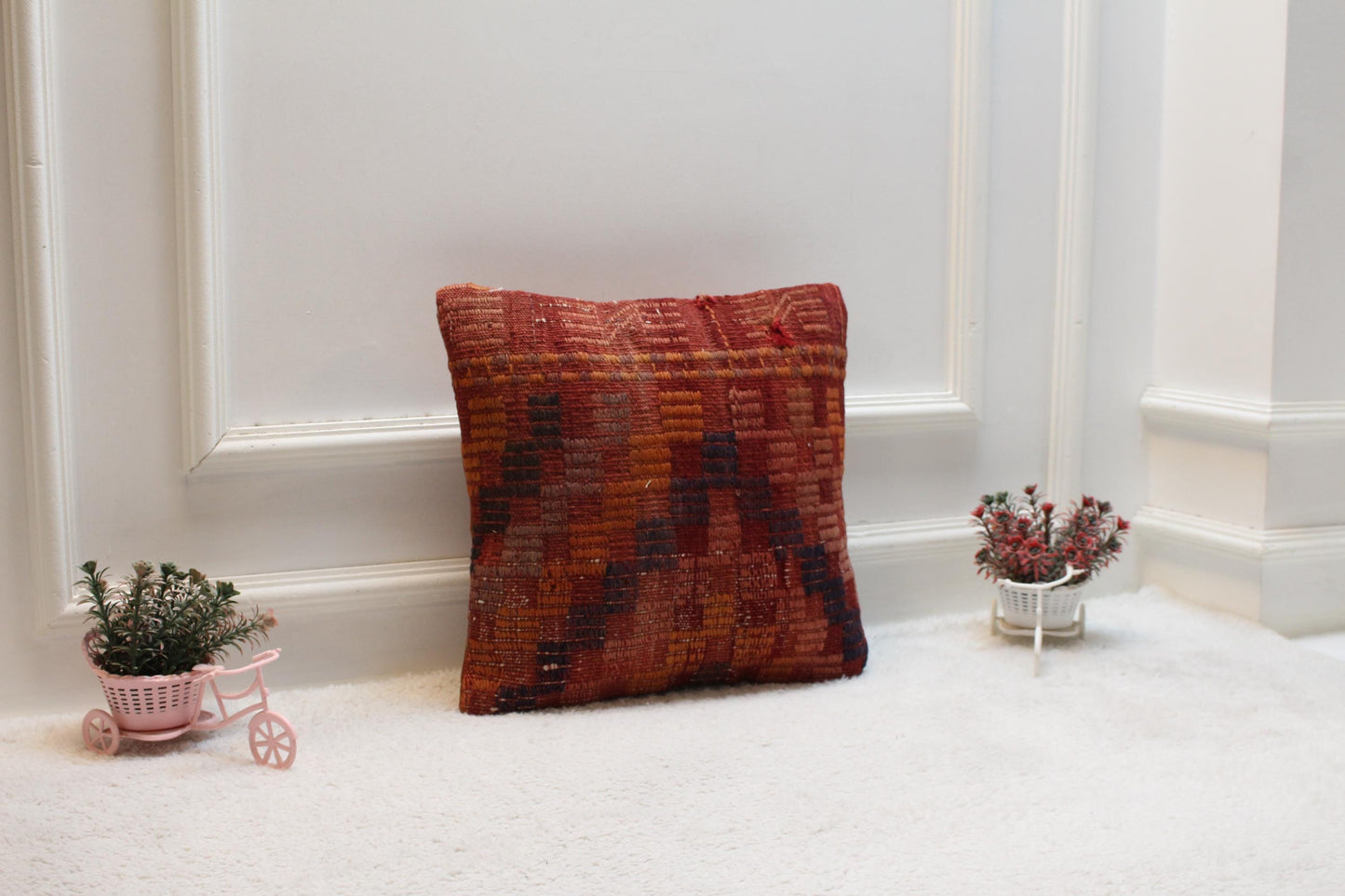 Geometric Kilim Pillow Cover: Handmade Upcycled Woven Rug, 16x16 inch