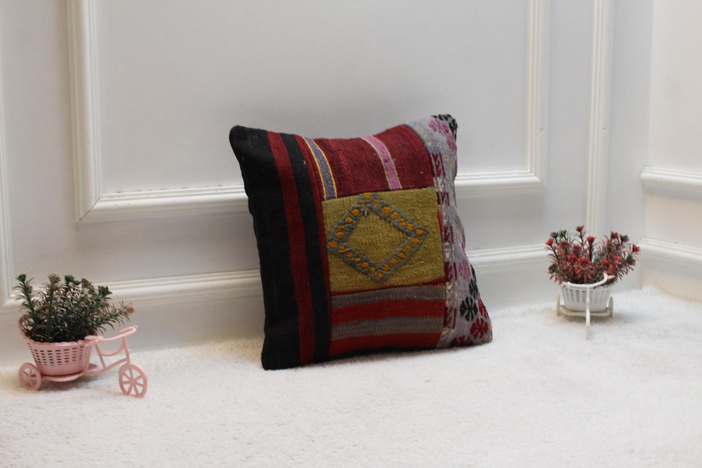 Handmade Patchwork Kilim Pillow Cover: Upcycled Woven Wool, 16x16 inch