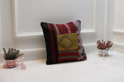 Handmade Patchwork Kilim Pillow Cover: Upcycled Woven Wool, 16x16 inch