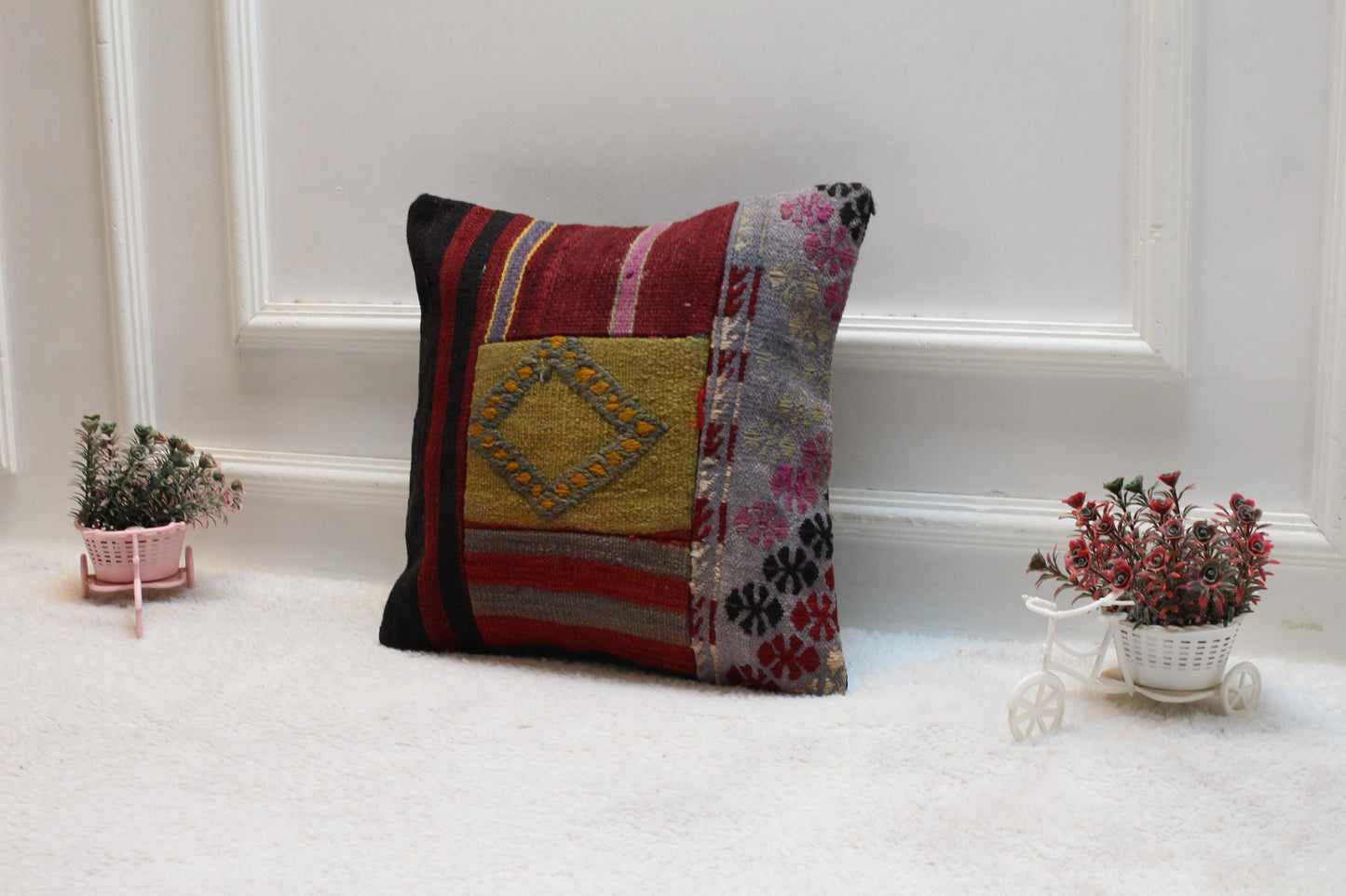 Handmade Patchwork Kilim Pillow Cover: Upcycled Woven Wool, 16x16 inch