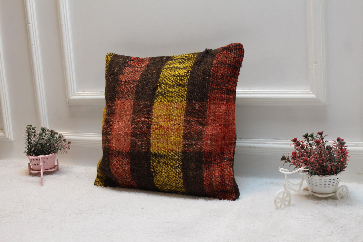 Handmade Kilim Pillow Cover: Square Rainbow Woven Rug, 16x16 inch