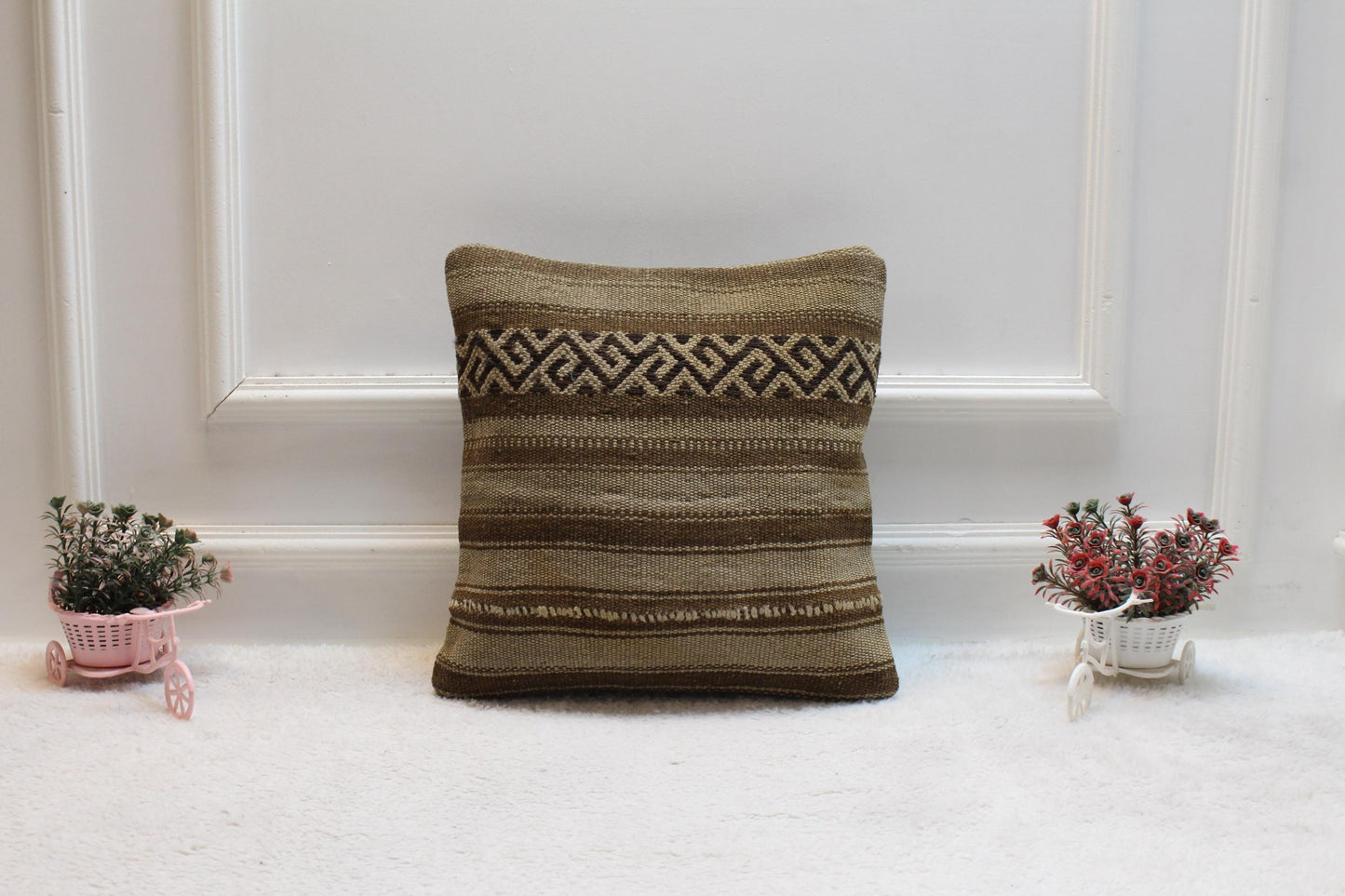 Brown Vintage Kilim Pillow Cover: 16x16 Square, Handmade Wool