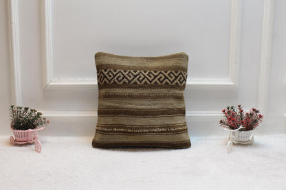 Brown Vintage Kilim Pillow Cover: 16x16 Square, Handmade Wool