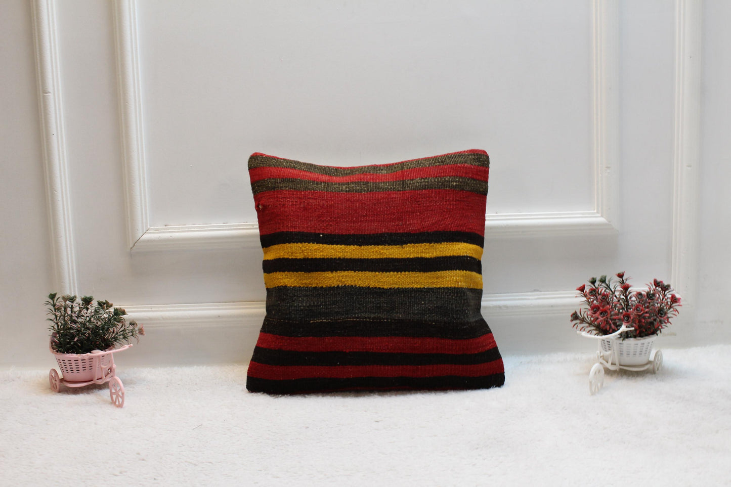 Striped Kilim Pillow Cover: Red Vintage Woven Wool, 16x16 inch