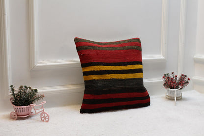 Striped Kilim Pillow Cover: Red Vintage Woven Wool, 16x16 inch