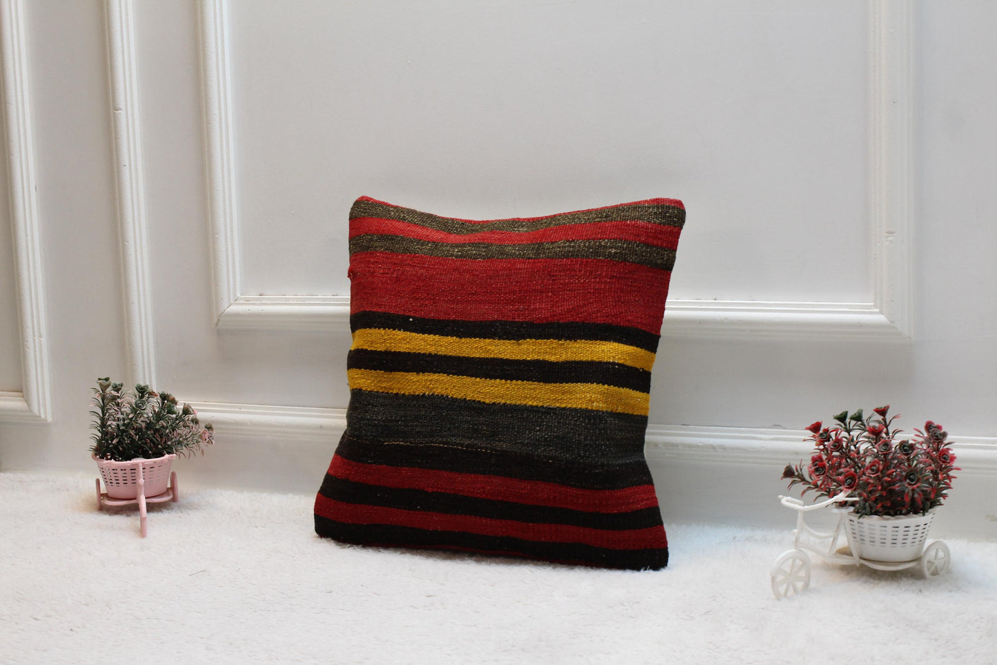 Striped Kilim Pillow Cover: Red Vintage Woven Wool, 16x16 inch