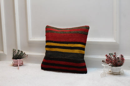 Striped Kilim Pillow Cover: Red Vintage Woven Wool, 16x16 inch