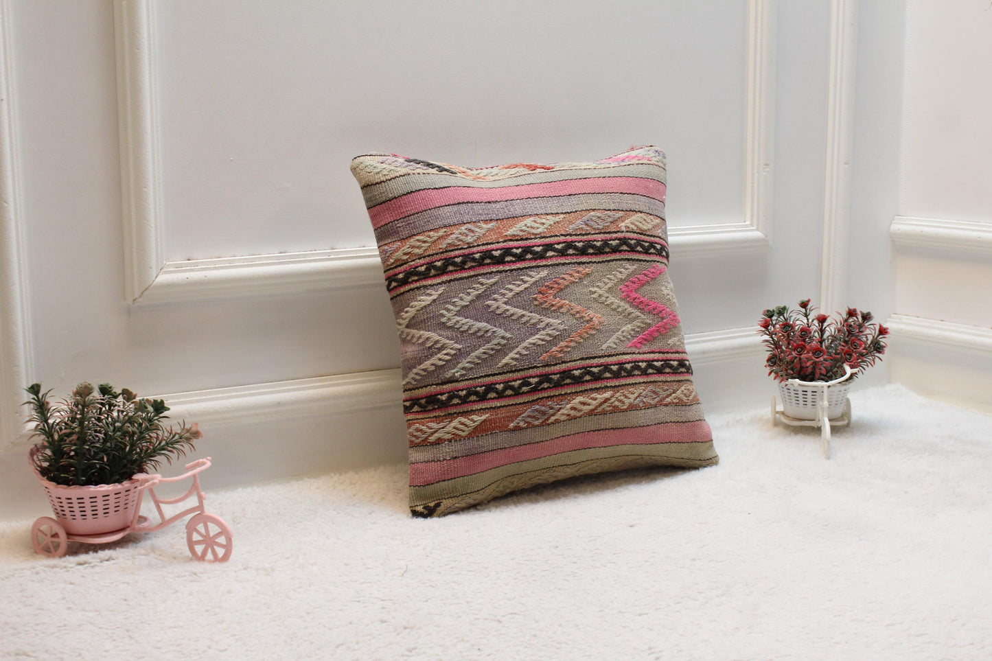 Handmade Kilim Pillow Cover: Rainbow Vintage Woven Rug, 16x16 inch