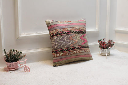 Handmade Kilim Pillow Cover: Rainbow Vintage Woven Rug, 16x16 inch