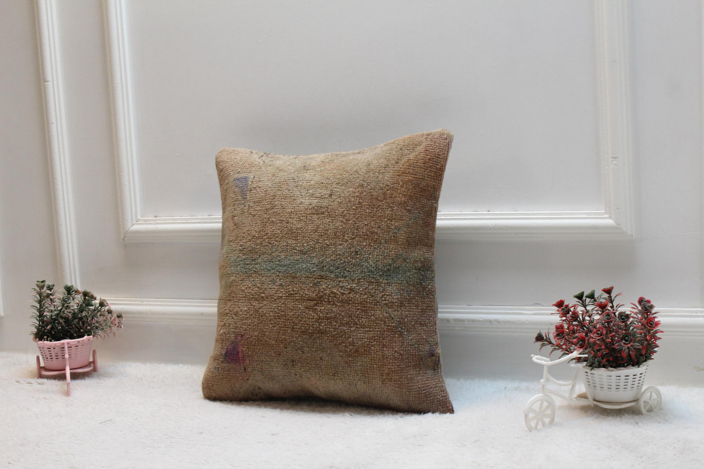 Handmade Turkish Rug Pillow Cover: Brown Woven Wool, 16x16 inc