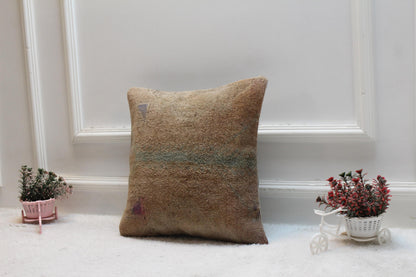 Handmade Turkish Rug Pillow Cover: Brown Woven Wool, 16x16 inc