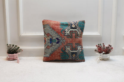 Rainbow Turkish Rug Pillow Cover: Vintage Wool, 16x16 Square