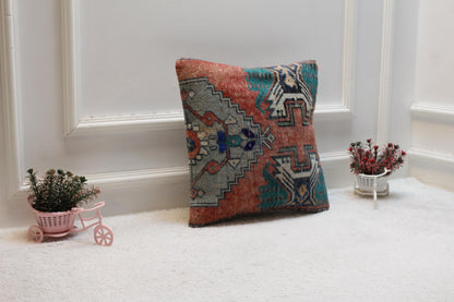 Rainbow Turkish Rug Pillow Cover: Vintage Wool, 16x16 Square