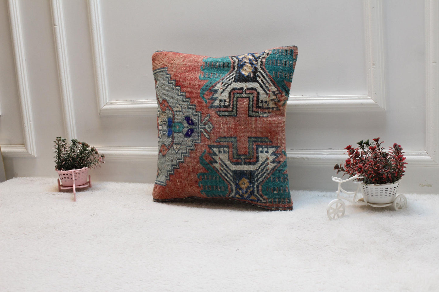 Rainbow Turkish Rug Pillow Cover: Vintage Wool, 16x16 Square