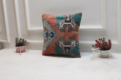 Rainbow Turkish Rug Pillow Cover: Vintage Wool, 16x16 Square