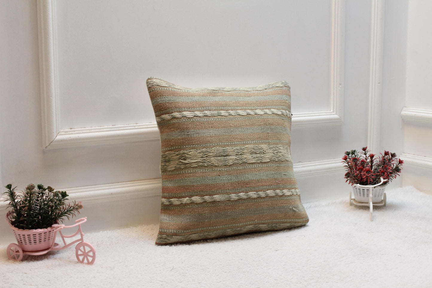Handmade Kilim Pillow Cover: Upcycled Woven Rug, Soft Colors (16x16 in)