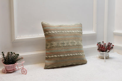 Handmade Kilim Pillow Cover: Upcycled Woven Rug, Soft Colors (16x16 in)