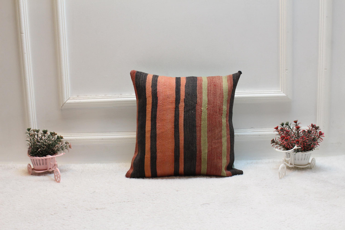 Handmade Striped Kilim Pillow Cover: Organic Wool, Bohemian Decor (16x16 in)