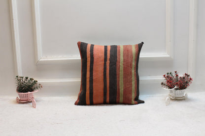 Handmade Striped Kilim Pillow Cover: Organic Wool, Bohemian Decor (16x16 in)