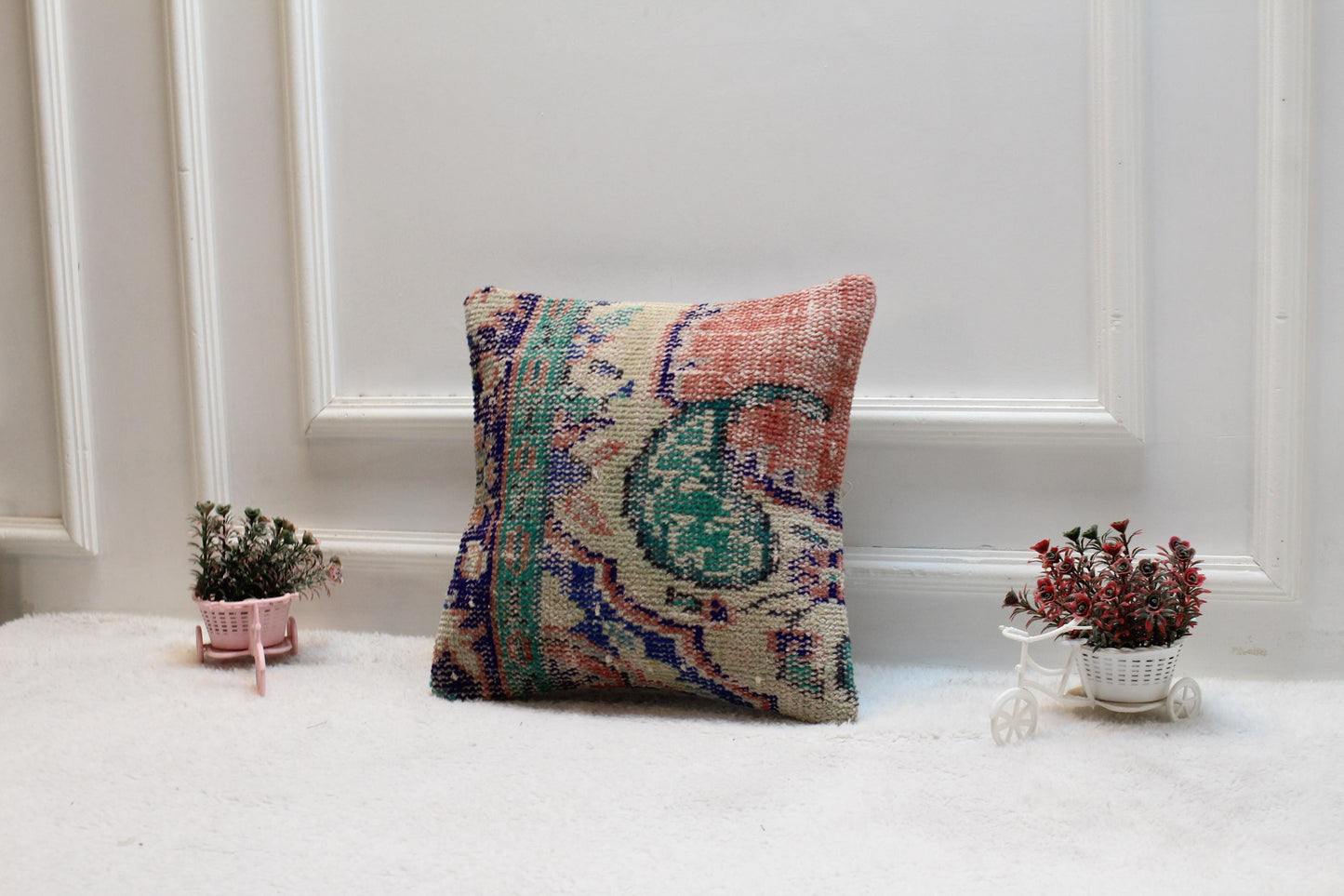 Floral Turkish Rug Pillow Cover: Handmade Wool Kilim, 16x16 Square