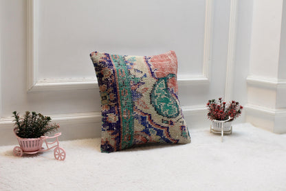 Floral Turkish Rug Pillow Cover: Handmade Wool Kilim, 16x16 Square