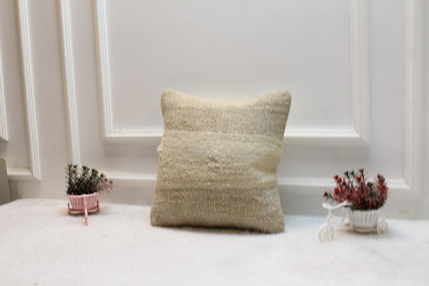 Handmade Beige Kilim Pillow Cover: Upcycled Woven Rug, 16x16 inch