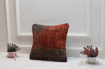 Handmade Kilim Pillow Cover: Upcycled Woven Rug, Red 16x16