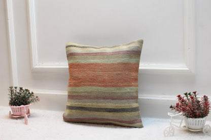 Handmade Striped Kilim Pillow: Boho Throw Pillow Cover (16x16 inch)