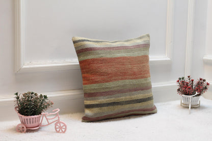 Handmade Striped Kilim Pillow: Boho Throw Pillow Cover (16x16 inch)